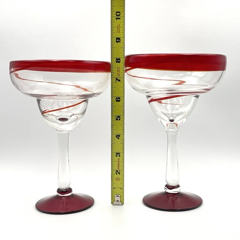 Pair Hand Blown Red Swirl Margarita Glasses 8